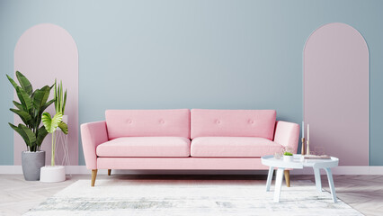 Bright living room mock up with pink sofa and light blue wall, pink arches on wooden floor, green...