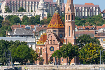 Fisherman's Bastion and a reformed church on the Buda hills above the Danube in Budapest.
