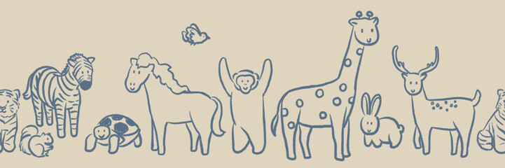 Hand drawn wildlife animals doodle vintage style seamless pattern