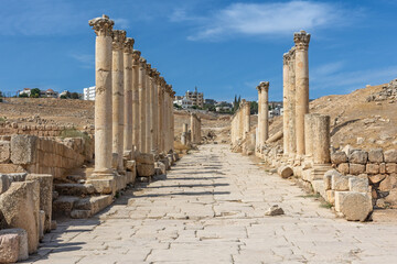 View of South Decumanus with row of columns at ruins of  Jerash. Jordan.