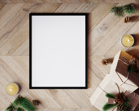Christmas composition mockup. Gift box, candles, Christmas decorations on wood background. Flat lay, top view, 3d render