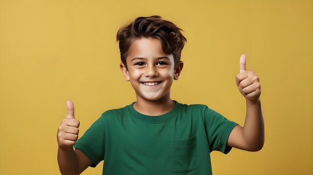 Smiling and giving the thumbs up, a young boy in a green t-shirt is isolated against a yellow backdrop.