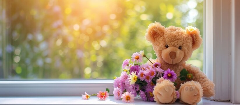 Portrait teddy bear doll with flowers on window sill at sunny day. Generated AI image