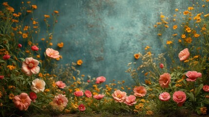 Obraz różowych i żółtych kwiatów na niebieskim tle
