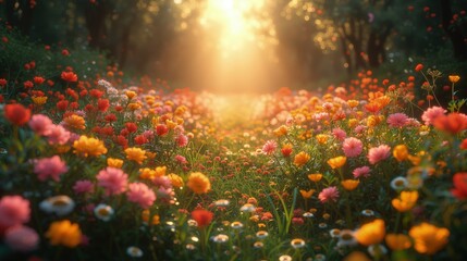 Pole kwiatów ze słońcem świecącym przez drzewa
