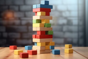 3D-rendered teambuilding Jenga game with a colored block tower for webinars. Generative AI