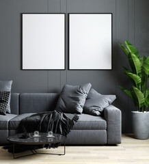 Frame mockup in living room interior, gray sofa, coffee table, fresh plants wooden floor, gray wall, 3d render