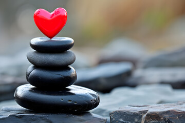 Zen design with stacked stones and red love heart for Valentines Day - obrazy, fototapety, plakaty