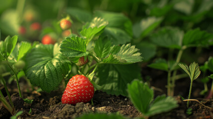 Red strawberries on a green bush