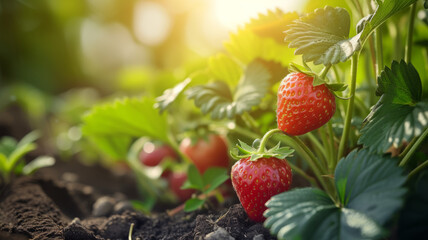 Growing strawberries. Ripe red strawberries