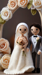 Two small knitted dolls of a bride and groom. Crochet craft handmade soft toys.