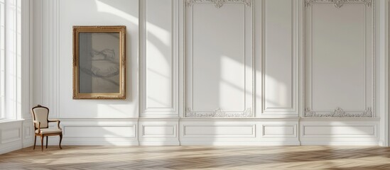 Interior design a natural room, wall and parquet floor color with large portrait frame. Generated AI
