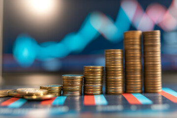 Financial growth and success symbolized by a stack of coins rising alongside an upward trending chart. selective focus. copy space. 
