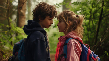 Teenagers in love on a walk in the forest.