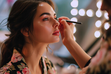 Fototapeta premium Beautician making make-up for brunette woman in beauty salon cosmetic