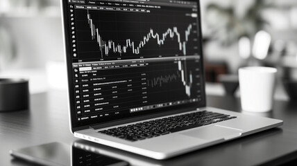 black and white image of stock analytics on laptop  - obrazy, fototapety, plakaty