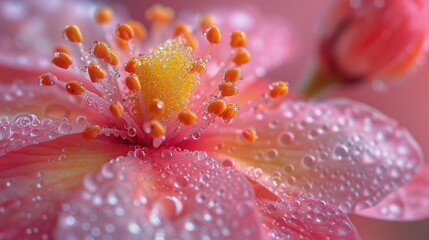 Różowy kwiat z kroplami wody i żółtym pyłkiem - obrazy, fototapety, plakaty