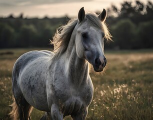 Obraz premium A Camargue horse runs in a field in the evening sun