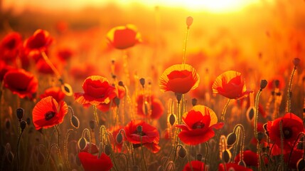 Fototapeta premium Red poppies illuminated by the fiery hues of a setting sun