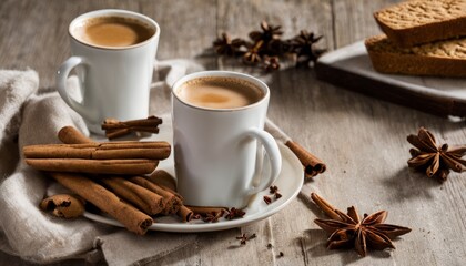 Two cups of coffee with cinnamon sticks and star anise