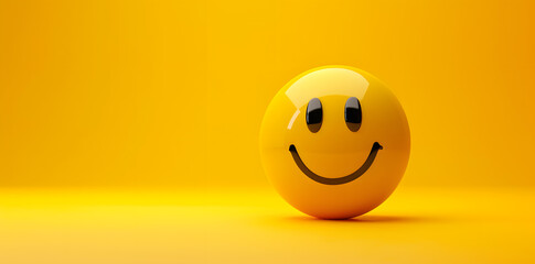 Happy yellow smile emoji isolated on yellow background with copyspace for text
