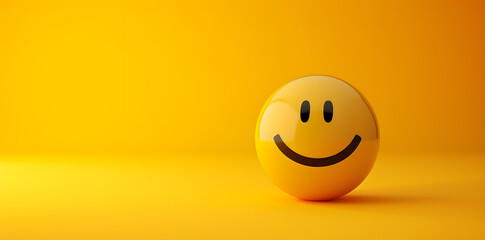 Happy yellow smile emoji isolated on yellow background with copyspace for text - obrazy, fototapety, plakaty