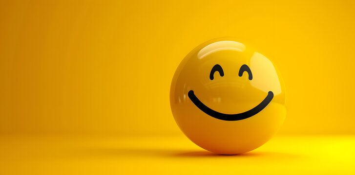 Naklejki Happy yellow smile emoji isolated on yellow background with copyspace for text