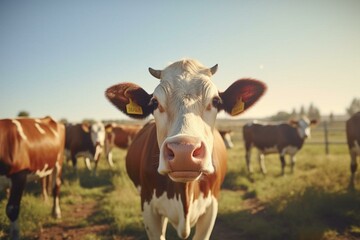 Fototapeta na wymiar Frontal view of mature bovines on a blurry farm backdrop. Generative AI