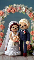 Two small knitted dolls of a bride and groom. Crochet craft handmade soft toys.