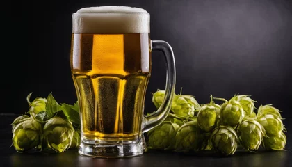 Zelfklevend Fotobehang A glass of beer with a foamy head and green beans on the table © vivekFx