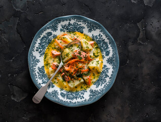 Creamy stew with salmon and potatoes on a dark background, top view