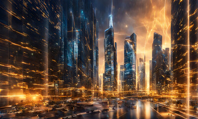 Fototapeta premium Abstract cityscape at night with futuristic financial elements