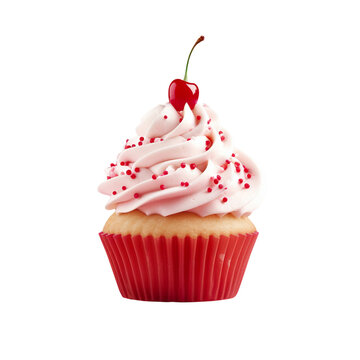 White Vanilla Cupcake and Icing frosting, red sprinkles and cherry on top, birthday cupcake, Isolated on Transparent Background PNG
