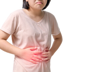 Asian girl having stomach ache, bending and holding hands on belly isolated on white background,