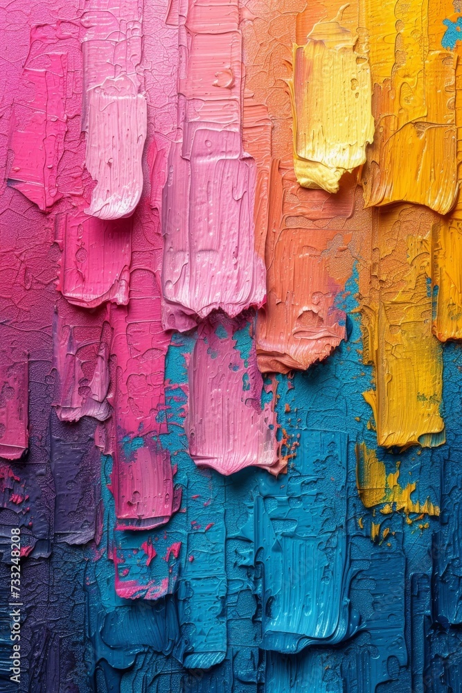 Poster a close-up view of a vivid and colorful painting showcasing various hues and brushstrokes.