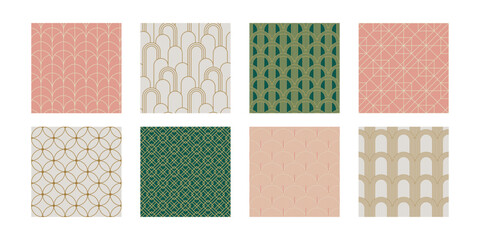 Set of Vintage Art Deco Seamless Pattern. Line art geometric gold shapes. Modern ornaments vector illustration. Gatsby retro elegant background for fabric, wallpaper or wrapping