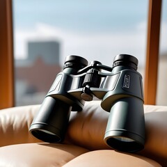 Binoculars Resting on a Window Cushion with a Blurred Background