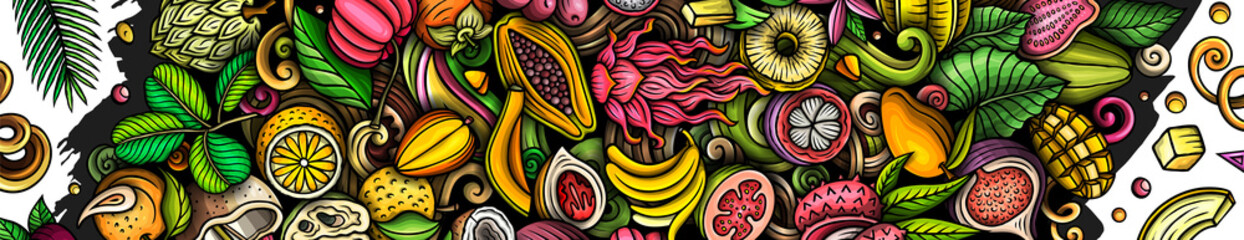 Exotic Fruits cartoon doodles banner