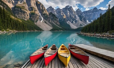 Rocky Serenity: Canoes Adorn the Tranquil Jetty of Moraine Lake - obrazy, fototapety, plakaty