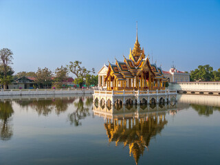 Bang Pa-In Aisawan, artificial lake with bridge and temple at the Royal Summer Palace near Bangkok