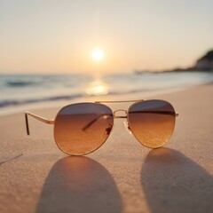 Fototapeta na wymiar Sunglasses Reflecting the Setting Sun on a Blurry Beach
