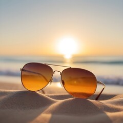 Fototapeta na wymiar Sunglasses Reflecting the Setting Sun on a Blurry Beach