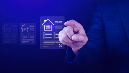 Real estate concept business, home insurance and real estate protection, Buy and sell houses and real estate online on virtual screen, home search, land price, property tax.