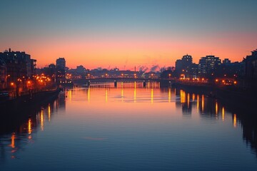 Fototapeta premium Mirrored Cityscape on the River at Dawn