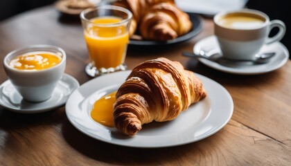 A croissant and orange juice on a plate