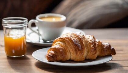 A croissant and a cup of coffee on a table - Powered by Adobe