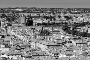 skyline of the beautiful Italian city Verona from Torre dei Lamberti to river Etsch with Ponte Scaligero