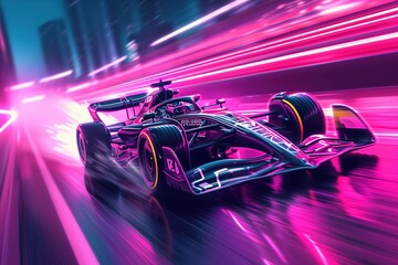 car racing at high speed with neon lights.