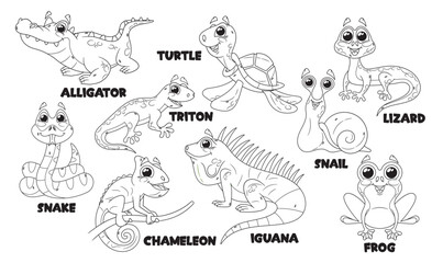 Cartoon Reptile Characters Isolated Vector Monochrome Outline Icons Set. Alligator, Turtle, Snail and Snake, Chameleon