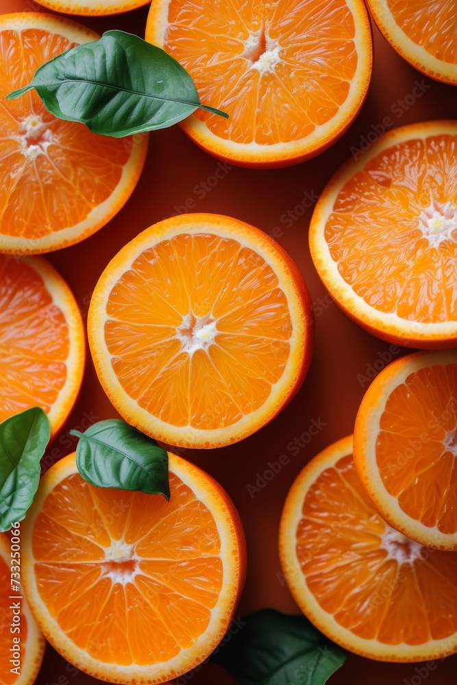 Poster A collection of oranges with their vibrant leaves stacked on top of each other.